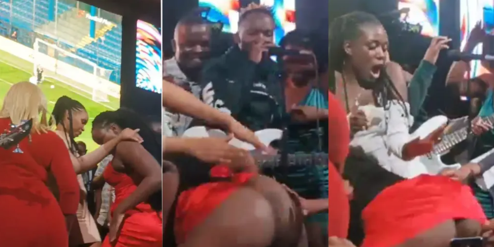Lady reveals her goodies while dancing on stage (Video)